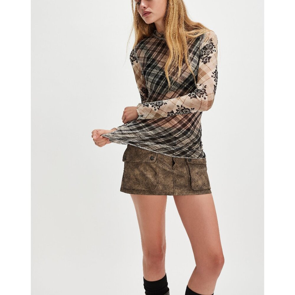 Free People Long Sleeve Plaid & Sheer Floral Mock Neck Top - Beige Black Brown